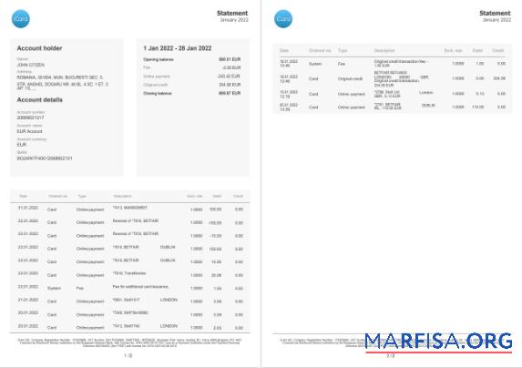Downloadable Bulgaria iCard statement 2 pages word example
